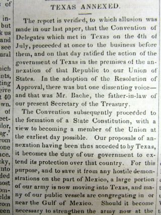 1845 Headline Newspaper Announcing The Annexation Of Texas By The United States