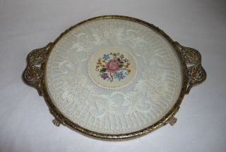Vintage Art Deco Brass & Glass Covered Petit Point & Lace Dressing Table Tray