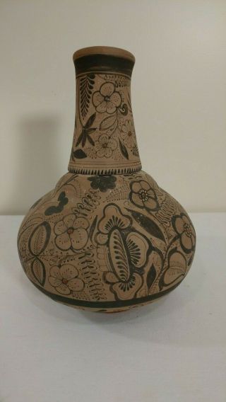 Vintage Floral Tonala Tlaquepaque Mexican Tourist Pottery Water Jug Carafe W/cup