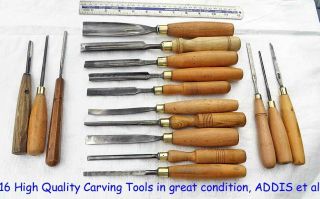 Vintage Selection Of 16 Quality Wood Carving Tools,  All By Good Makers Old Tool