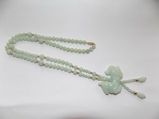 Chinese Carved Celadon Jade & H/m 14 Carat Gold Bead Necklace & Pendant