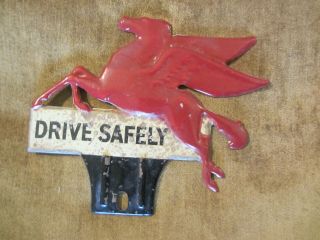 Vintage Antique Pegasus Flying A Gas Drive Safely License Plate Topper