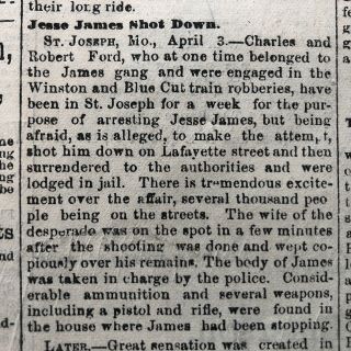 Rare 1882 Newspaper Wild West Outlaw Jesse James Shot Dead In St Joseph Missouri