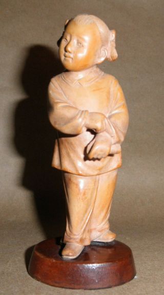 Chinese Cultural Revolution Carved Boxwood Girl Figurine