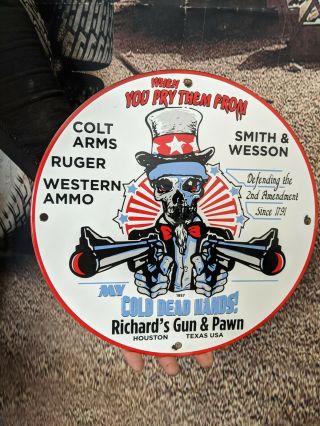 Vintage Dated 1957 Gun Colt Arms Porcelain Gas Sign Houston Texas Ammo Shells