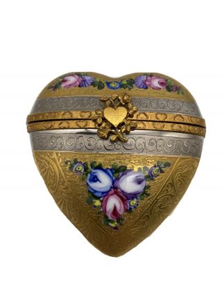 Vintage Limoges France Peint A La Main Heart Trinket Box W/perfume Bottle
