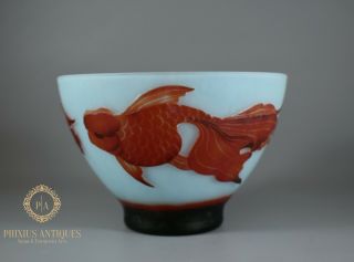 Stunning Vintage Chinese Peking Cameo Glass Goldfish Bowl Light Blue Ground