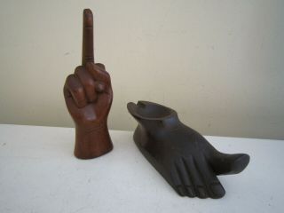Vintage Mid Century Hand Carved Wood Hand Middle Finger & Big Toe Foot Ash Tray