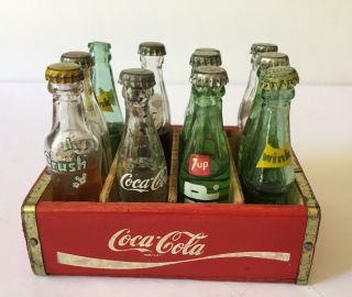 Vintage Miniature Coca - Cola Case W/ Miniature Bottles Wink,  Rc,  Pepsi,  7 - Up