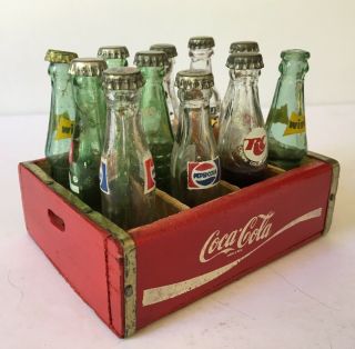 Vintage Miniature Coca - Cola case w/ Miniature Bottles Wink,  RC,  Pepsi,  7 - up 2