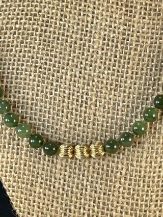 Vintage 14k Yellow Gold Spinach Jade Knotted Bead Necklace 28 