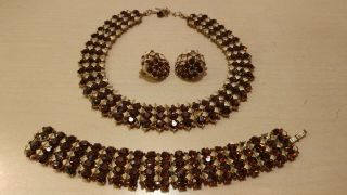 Vintage Crown Trifari Gold Tone Topaz Rhinestone Necklace/bracelet Earring Set