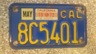 1970 California Motorcycle License Plate,  1972 Validation,  Dmv Clear,  Vg