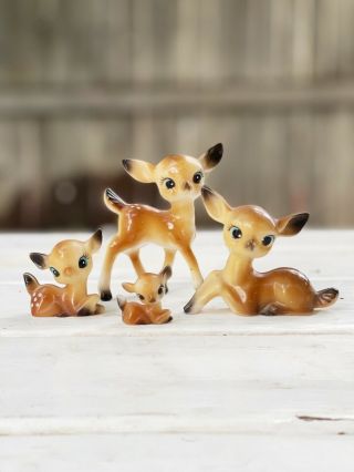 Vintage Christmas Hard Plastic Set Of 4 Baby Reindeer Deer Big Eyes Figurine Vtg