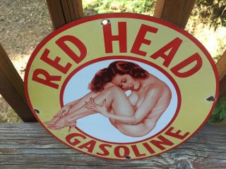 Vintage Red Head Gasoline Heavy Porcelain Sign 12” Gas & Oil Sign