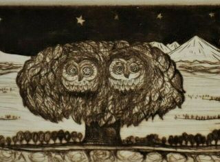 Lovely Japanese Woodblock Print By Masaki Shibuya: 2 Cute Owls In A Tree