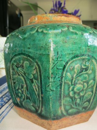 Rare Signed Antique Chinese Green Shiwan Hexagonal Pottery Ginger Jar.  19th C