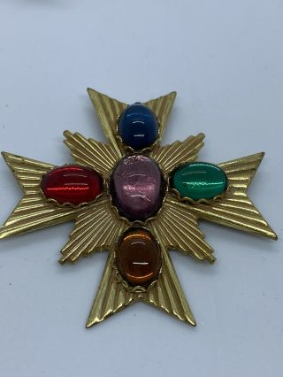 Miriam Haskell Vintage Multi Colored Glass Cabochon Maltese Cross Brooch
