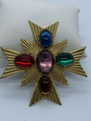 Miriam Haskell Vintage Multi Colored Glass Cabochon Maltese Cross Brooch 2