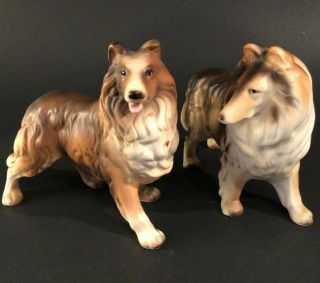 Collie Dog Figurines Lassie Set Of 2 Vintage Porcelain 6 3/4 " L Brown White