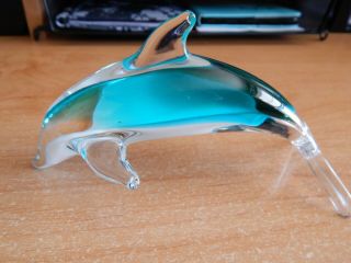Dolphin Glass Sculpture Figurine Hand Blown Murano Style Teal And Clear