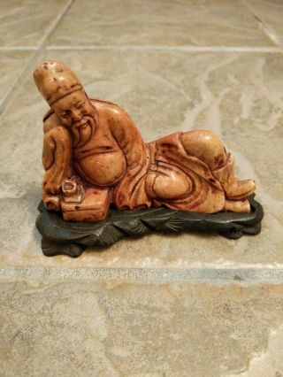 Antique Chinese Soapstone Hand Carved Wooden Base.