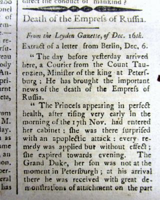 1797 Portsmouth Nh Newspaper With Death Of Catherine The Great Empress Of Russia