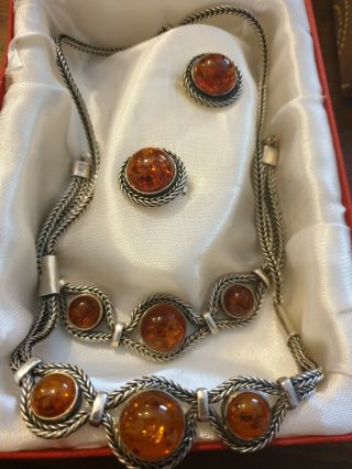 Vintage 925 Sterling Silver Amber Jewellery Set Necklace.  Earrings Bracelet 70gr