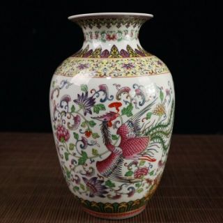 China Old Porcelain Enamel Famille Rose Dragon Phoenix Pattern Winter Melon Vase