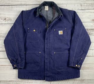 Vintage 80s Carhartt Blanket Lined Work Wear Chore Denim Jacket 100 Year 1989 44