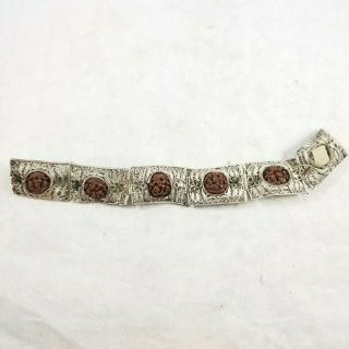Antique Chinese Silver Filigree Bracelet Carved Wood Seeds Sterling Repair