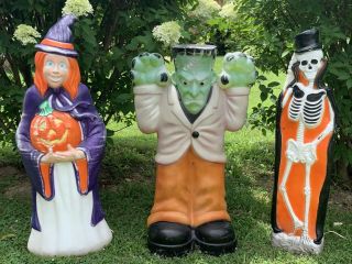 3 Vintage Halloween Blow Molds Frankenstein,  Witch,  Skeleton,  Lighted Yard Decor