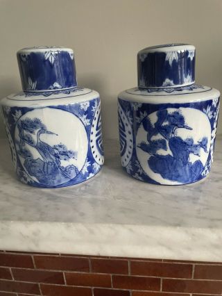 Chinese Blue And White Ginger Jars Depicting Cranes / Longevity Qing Dynasty