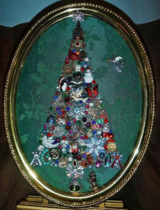 Vintage Jewelry Art Christmas Tree,  Signed And Framed