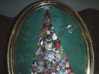 Vintage Jewelry Art Christmas Tree,  Signed and Framed 2
