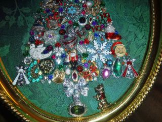 Vintage Jewelry Art Christmas Tree,  Signed and Framed 3