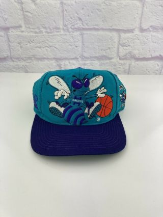 Rare Vintage 90s Charlotte Hornets Logo Athletic Snapback Hat Cap Nba 1990s