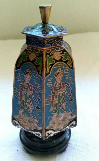 Lidded Chinese Cloisonne Enamel Metal Hexagon Shape Classic Beauties Urn Vase