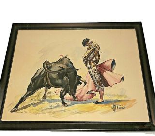 Vintage Matador Bullfight Scene Abstract Watercolor Paintings Signed Set Of 2
