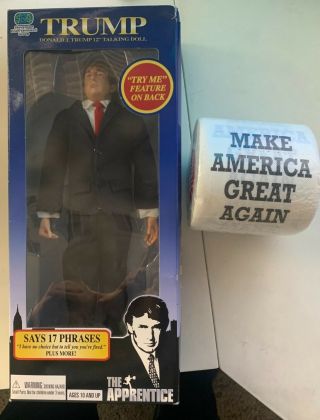 Donald Trump " Apprentice " Talking Doll,  Maga Toilet Paper Roll (both)
