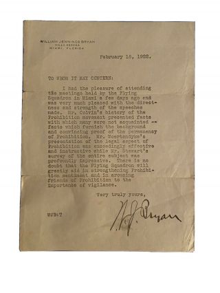 William Jennings Bryan Signed Letter On Prohibition 1922 Autographed
