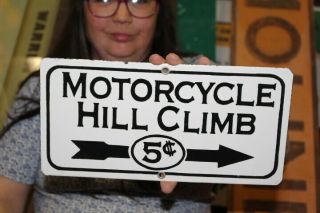 Motorcycle Hill Climb 5c Harley Davidson Indian Gas Oil Porcelain Metal Sign