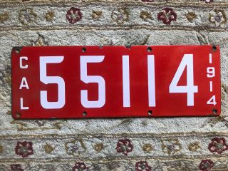 Vintage 1914 Porcelain California License Plate 55114 Ing Rich Manufacturing Co
