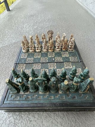 Vintage Mayan Aztec Carved Chess Set Complete Large Green/beige Heavy Wood/stone