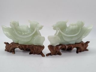 Chinese Carved Jade Crested Ducks Birds On Wooden Stands 20th Century