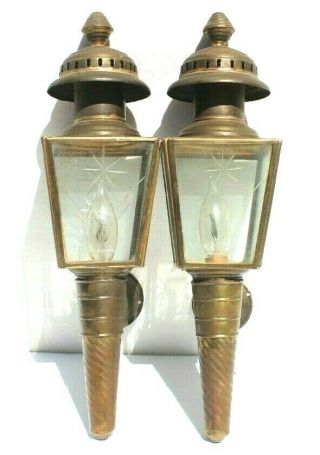 2 Vtg Pair Carriage Coach Lamps Lanterns Antique Car Buggy Lights Brass