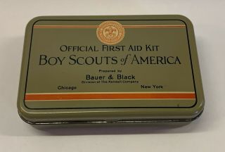 Vtg Official First Aid Kit Boy Scouts Of America Tin Box Bauer & Black W Case Bk