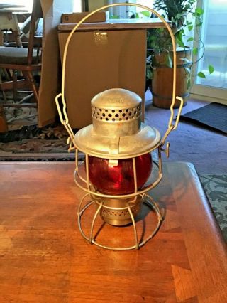 Vintage Adlake Kero Penn Central Railroad Lantern With Red Glass Globe