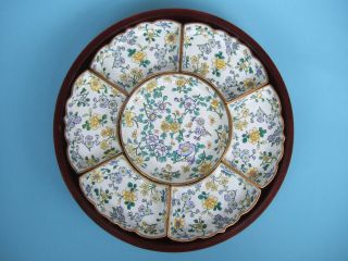 A Chinese Canton Enamel Supper Set And Wooded Stand And Cover.