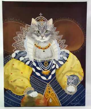 Gray Cat Dressed As Victorian Queen Framed Canvas 14 " X 11 " By Carol Lew
